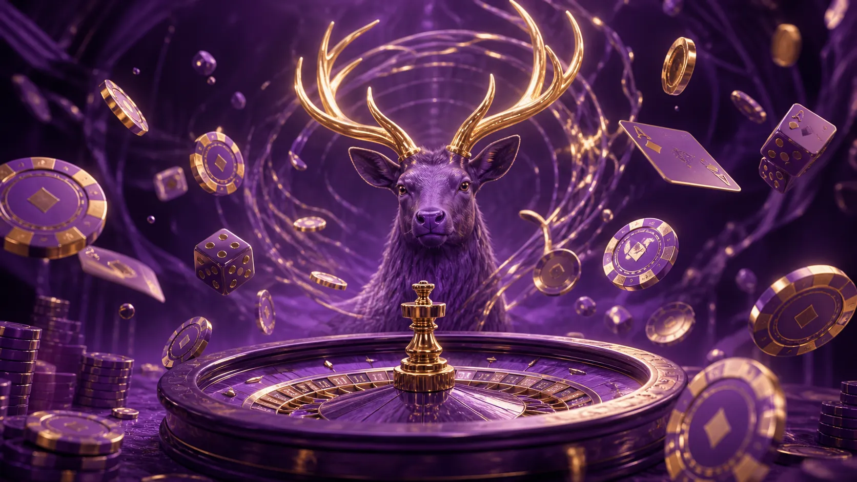 Cinematic casino themed banner for Spinstag with luxurious elements like poker chips, glowing dice, and velvet textures.